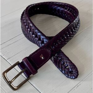 Tommy Hilfiger braided brown leather trim belt. Brass buckle